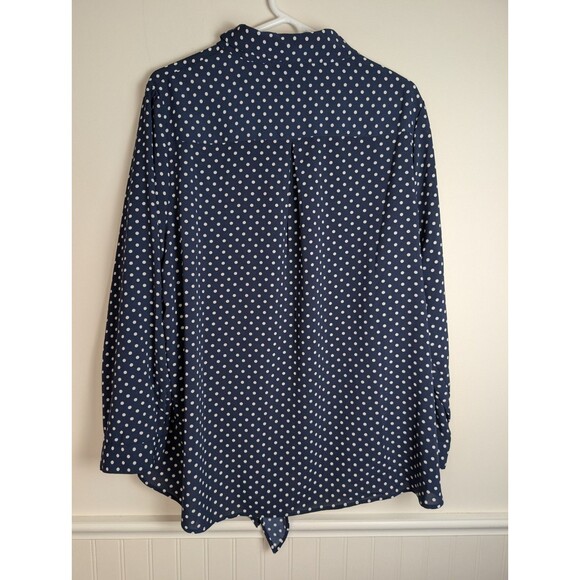 Susan Graver Button Up Top Size 18W Blue White Polka Dot Long Sleeve Tie Front - Picture 6 of 12